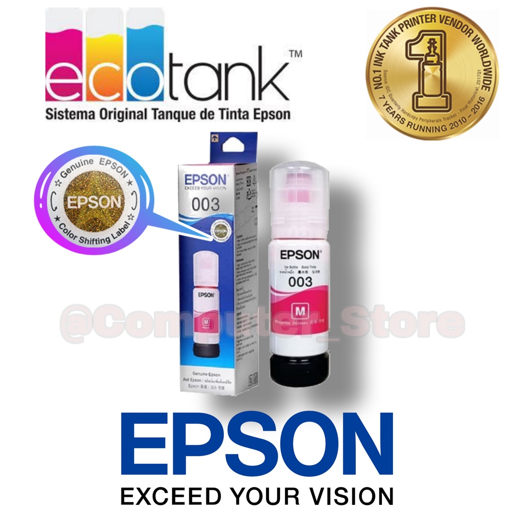 Epson Ink Bottles 003 Black Colour ( Cyan, Magenta, Yellow ) | Tinta Botol Printer Hitam Dan Warna Untuk Printer Epson Seri L3110, L1110, L1200, L3200, L5100, L3150, L5190, L3156, L3116 ( Hitam Biru Merah Kuning ) Geniune Origianl Bisa Scan Barcode