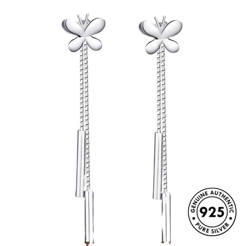 Anting Tusuk Sterling Silver 925 Desain Kupu-Kupu + Rumbai Gaya Retro Untuk Wanita Butterfly