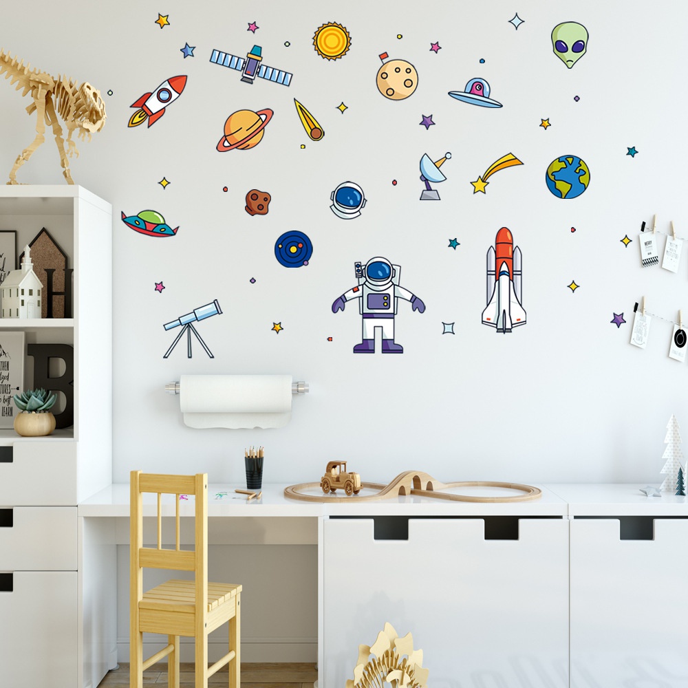 Wallpaper Desain Kartun Space Rocket Alien Untuk Kamar Anak