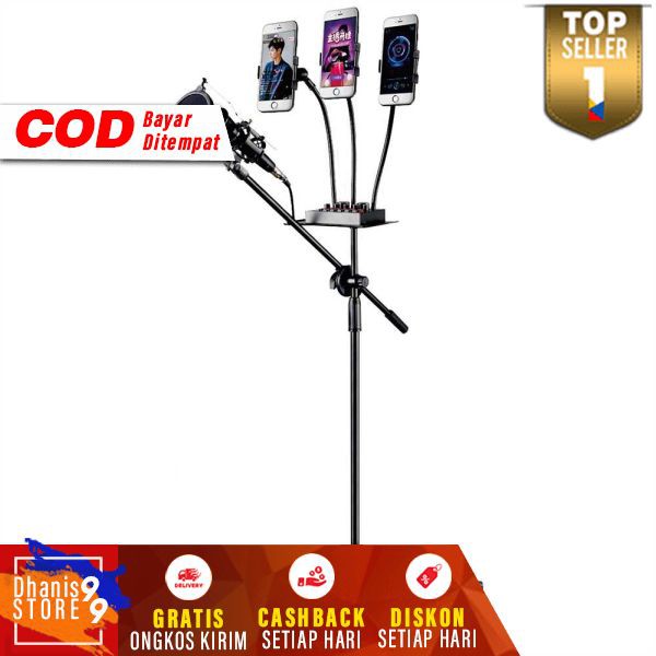 Stand Mic with 3 Smartphone Holder Murah Standing Mikrofon Panjang dengan HP Holder Stan Microphone