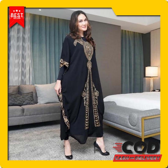 Mikha Haima Kaftan Couple Mom And Girl ( Green Series ) Kaftan Wanita Bordir Gold Mewah Warna Hitam 