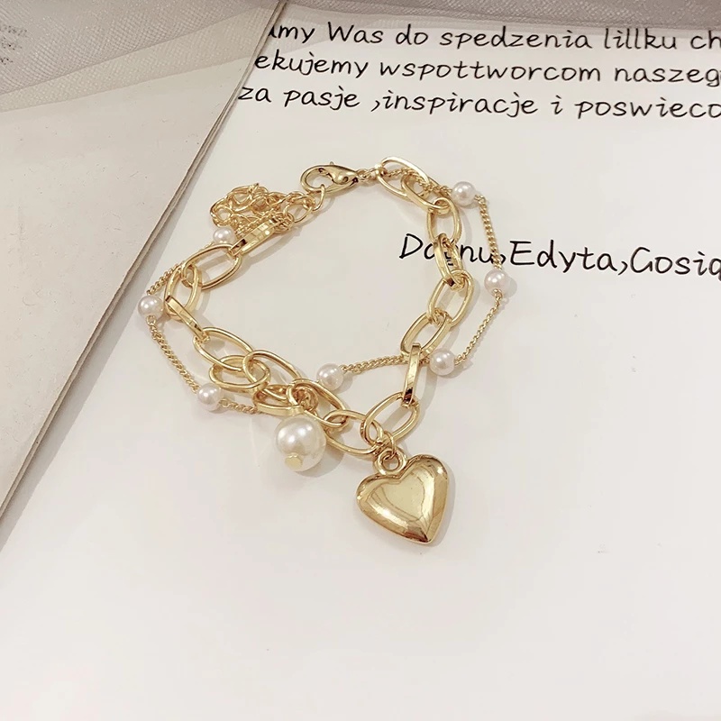 Gelang Mutiara Double Layer Bentuk Hati Gaya Korea Bohemian Untuk Wanita