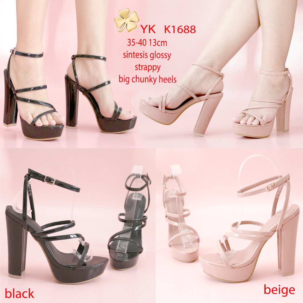 Sepatu Chunky Heels 13cm Beige Hitam Strappy Fashion Import KY1688