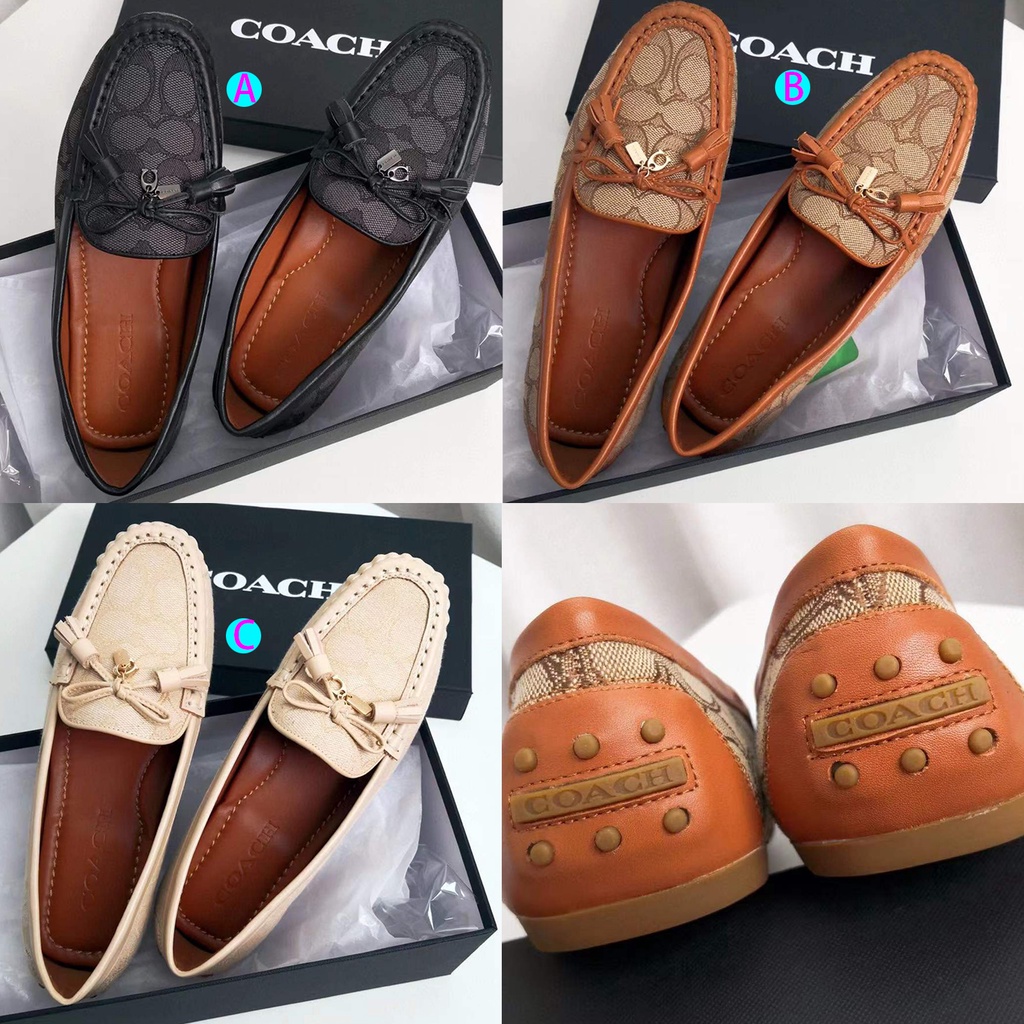 (SameDay Grab) Bow style coach First layer cowhide with canvas material ladies flat casual shoes beans shoes