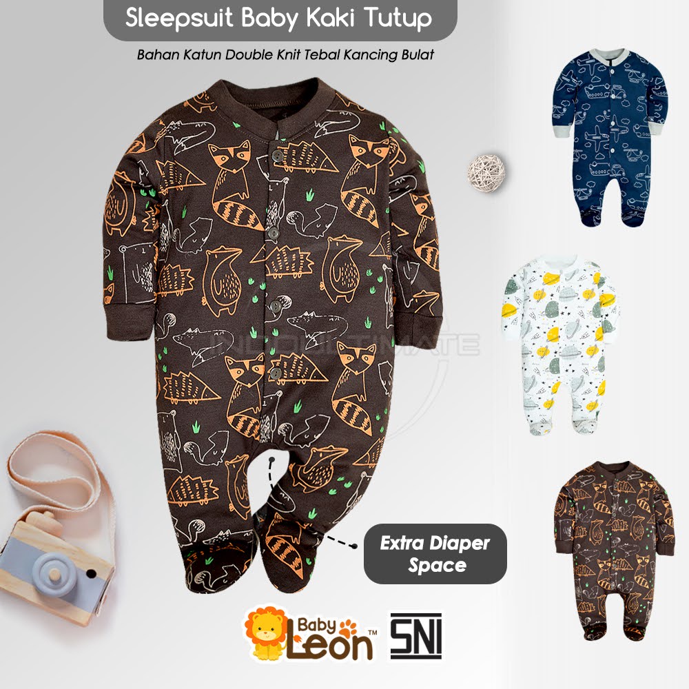 BABY LEON Baju Sleepsuit Bayi Kaki Tutup (0-12 Bulan) Lengan Panjang Baju tidur Jumsuit Jumper pergi anak Bayi balita Newborn BC-072 Sleepsuit Bayi Piyama bedong kaki buka Bayi Laki laki Perempuan Laki-laki