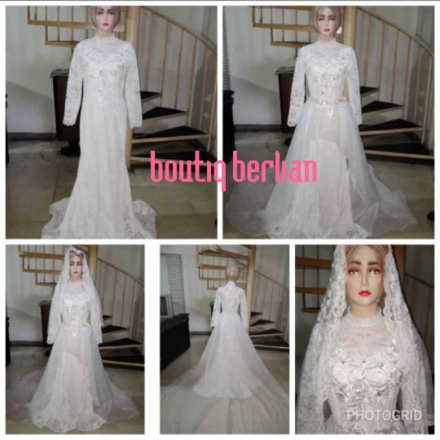Gaun pengantin full brukat + ekor organza+ kerudung / baju pengantin muslim