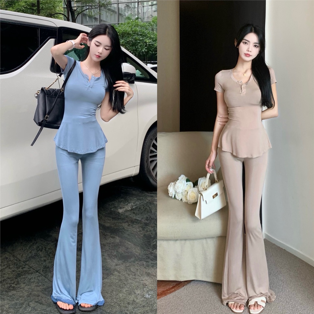 Suhao Musim Panas Gaya Korea Mengepel Celana Menggantungkan Desain Rasa Micro Flare Celana Kasual Slim Wanita Lebar Kaki Celana Panjang Niche