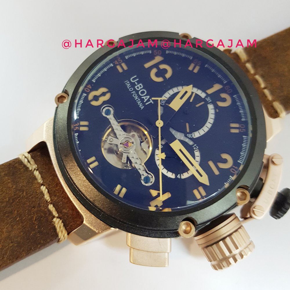 Jam Tangan Pria Automatic U-boat U2301 Super Chrono Strap Leather Brown | Bezel Rosegold (hargajam