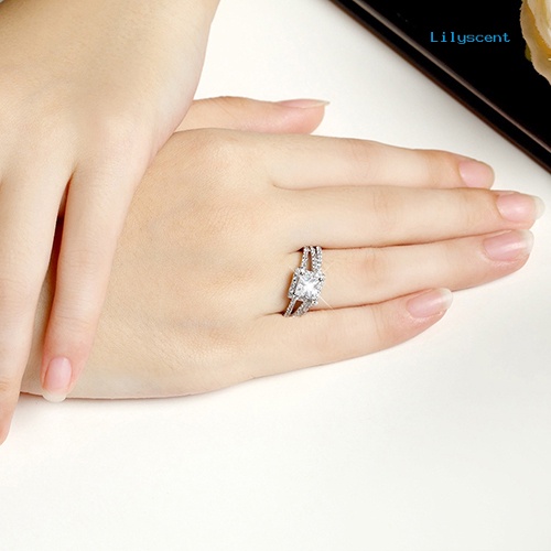 2pcs / Set Cincin 925 Sterling Silver Model Princess Cut Untuk Wanita