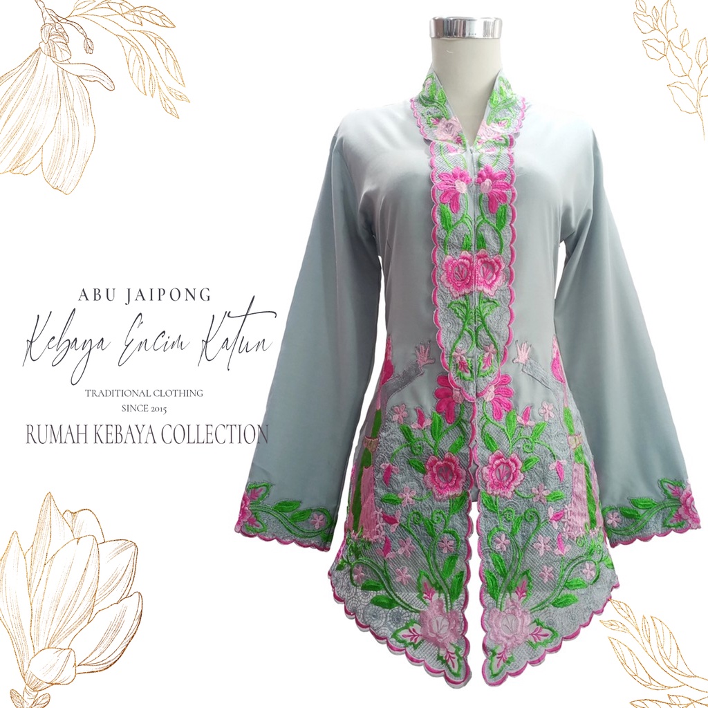 Kebaya Encim Kartini Katun Bordir Modern Abu Jaipong Lengan Panjang Bigsize Jumbo