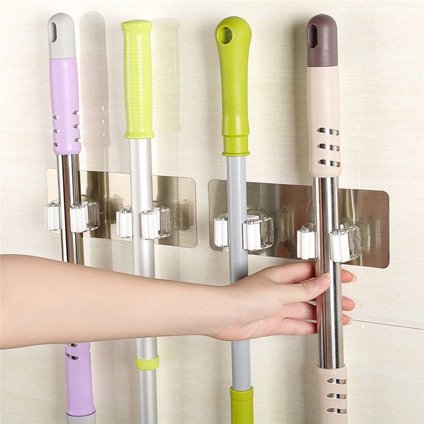 Broom Mop Holder, Self Adhesive No Drilling Anti-Slip Broom Gripper Home Wall Mounted Storage Rack