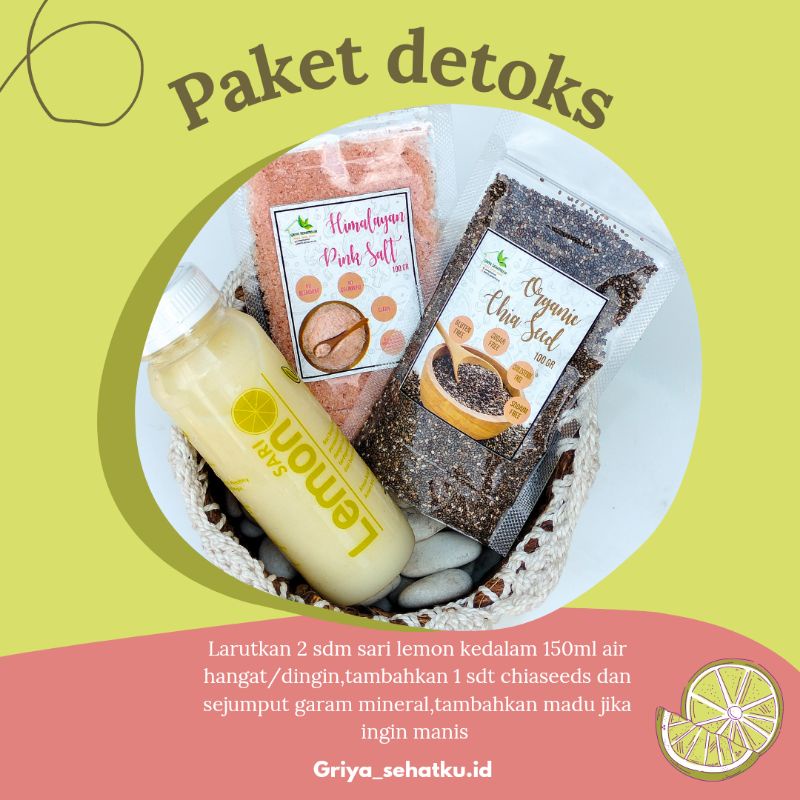 Sari lemon paket detoks/diet ( Sari lemon fresh 250ml,Black Chiaseeds organik 100gr,Himsalt 100gr)