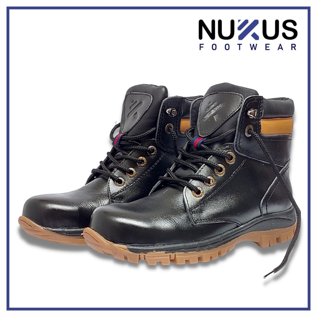 Nukus Sepatu Ujung Besi Safety Boot Tali Hitam Kulit Asli - BST