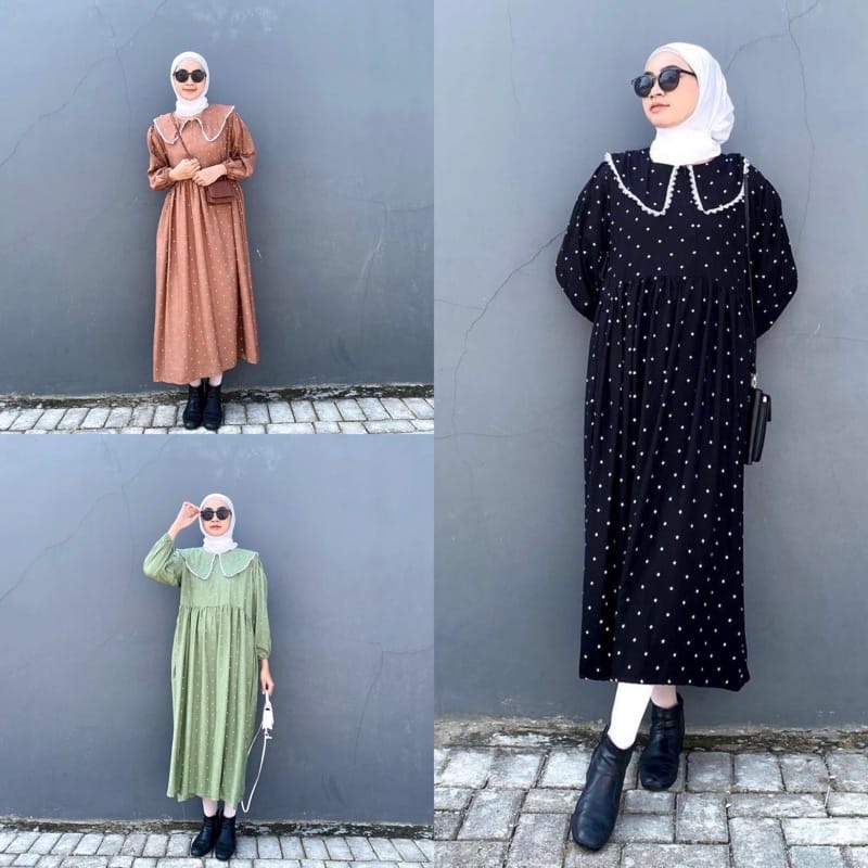 Midi dress rayon crinkle Busui motif bunga kecil