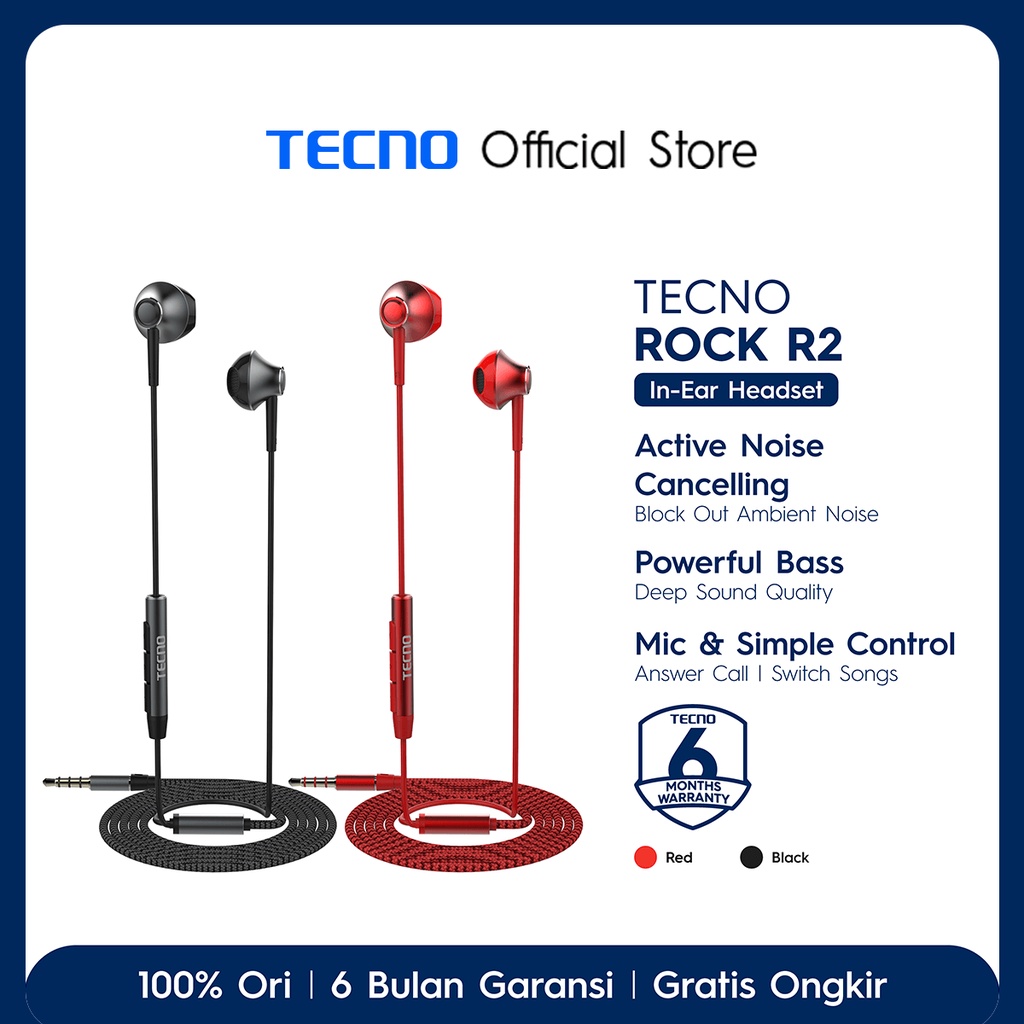 TECNO Rock R2 Earphone [In-Ear Headset, Handsfree Mic Universal, Super Bass, Lightweight, 3.5 mm Jack, 1,2 m Length, IOS/Android]