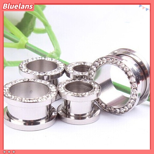 Bluelans 1 Pasang Ear Plug Tunnels Bahan Stainless Steel Aksen Berlian Imitasi