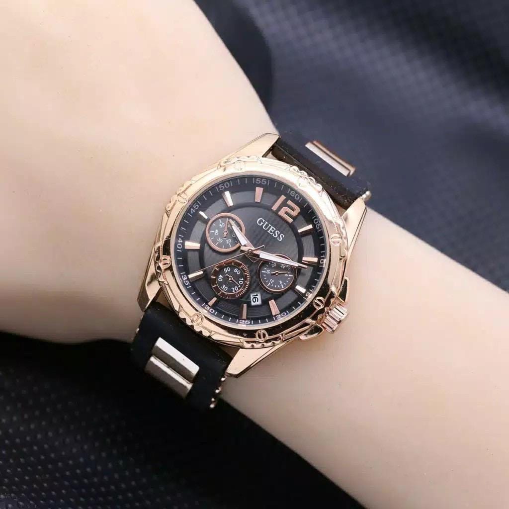 Best Selller (COD) JAM TANGAN FASHION WANITA MURAH GUESS TALI RUBBER TANGGAL AKTIF  | JAM TANGAN MURAH-FREE BOX &amp; FREE BATERAI