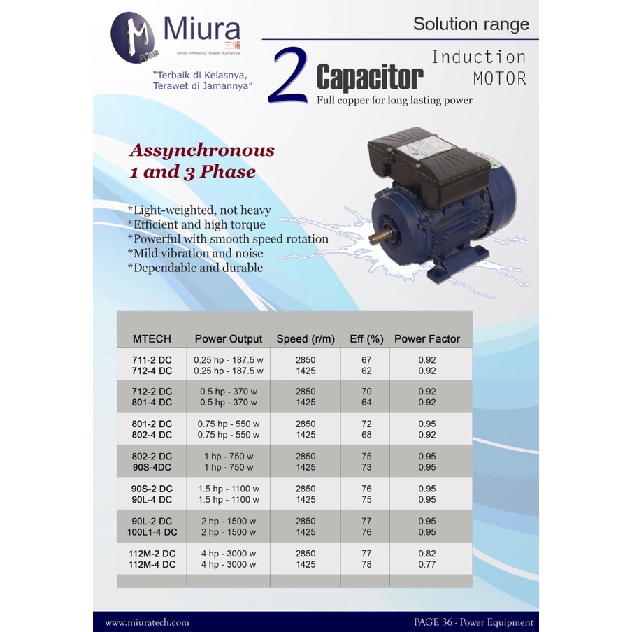 Dinamo Elektro Motor 1/2Hp 1 Phase Rpm 2800 merk MIURA MTECH 712-2 DC