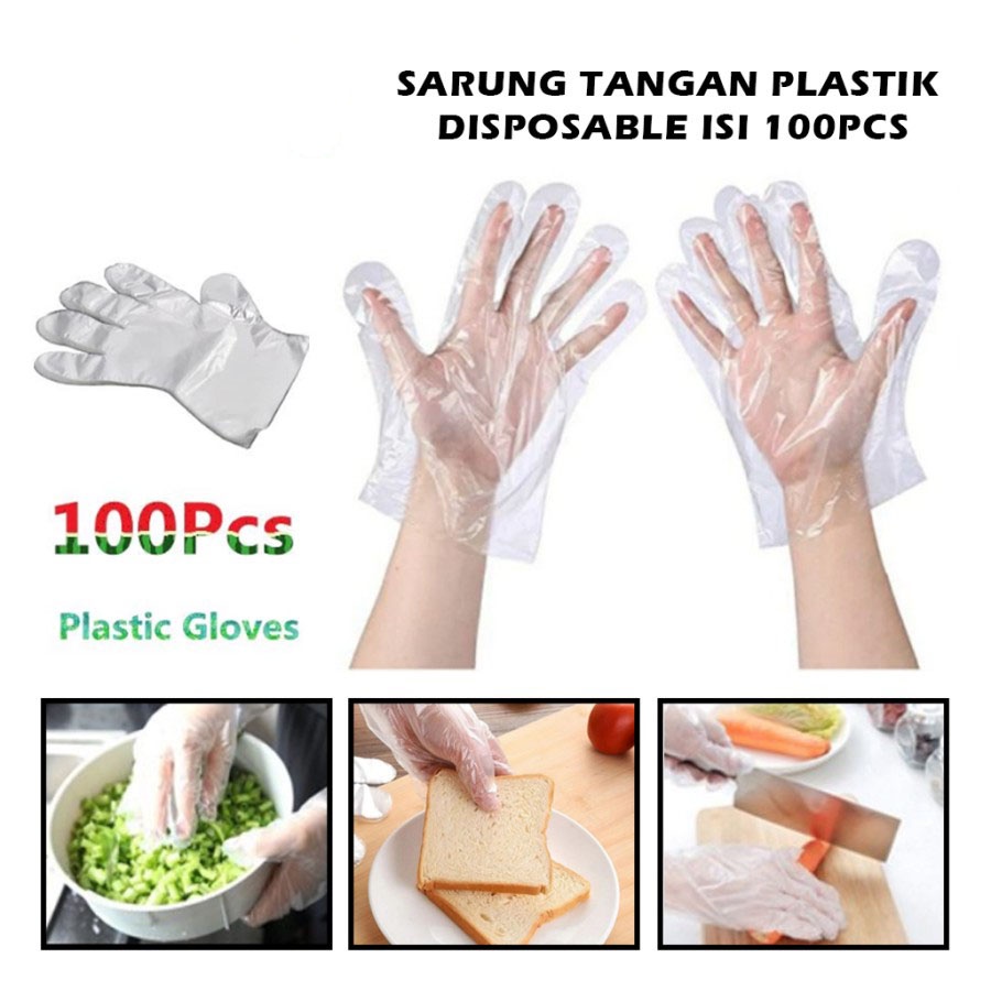 Sarung Tangan Plastik Isi 100Pcs Disposable Plastic Gloves Sekali Pakai Bening Polos Transparent