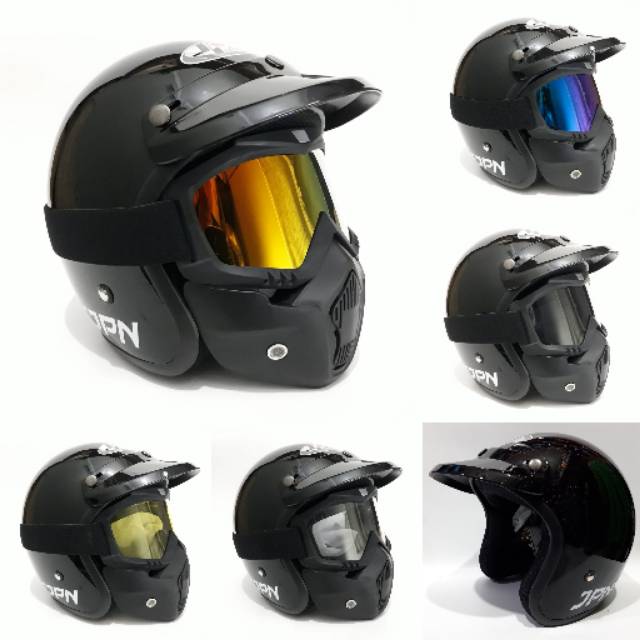 Helm Bogo Jpn Retro Hitam Gloss Dengan Goggle mask