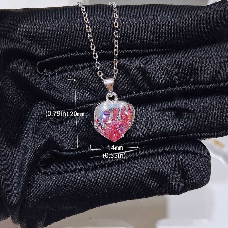 Kalung 925 Silver Bentuk Hati Aksen Berlian Warna Pink Untuk Wanita