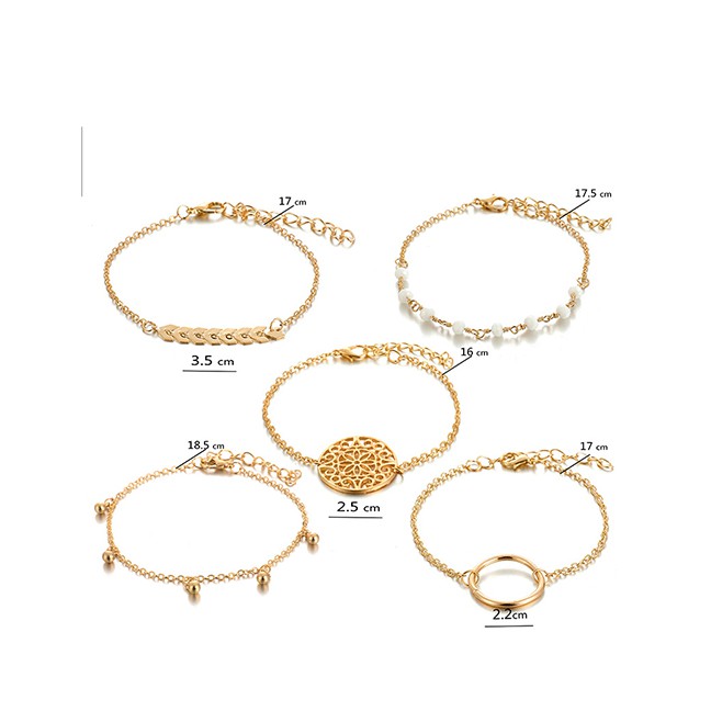 LRC Gelang Tangan Fashion Gold Alloy Round Flower Openwork Arrow Leaf Bracelet 5 Piece Set D42470