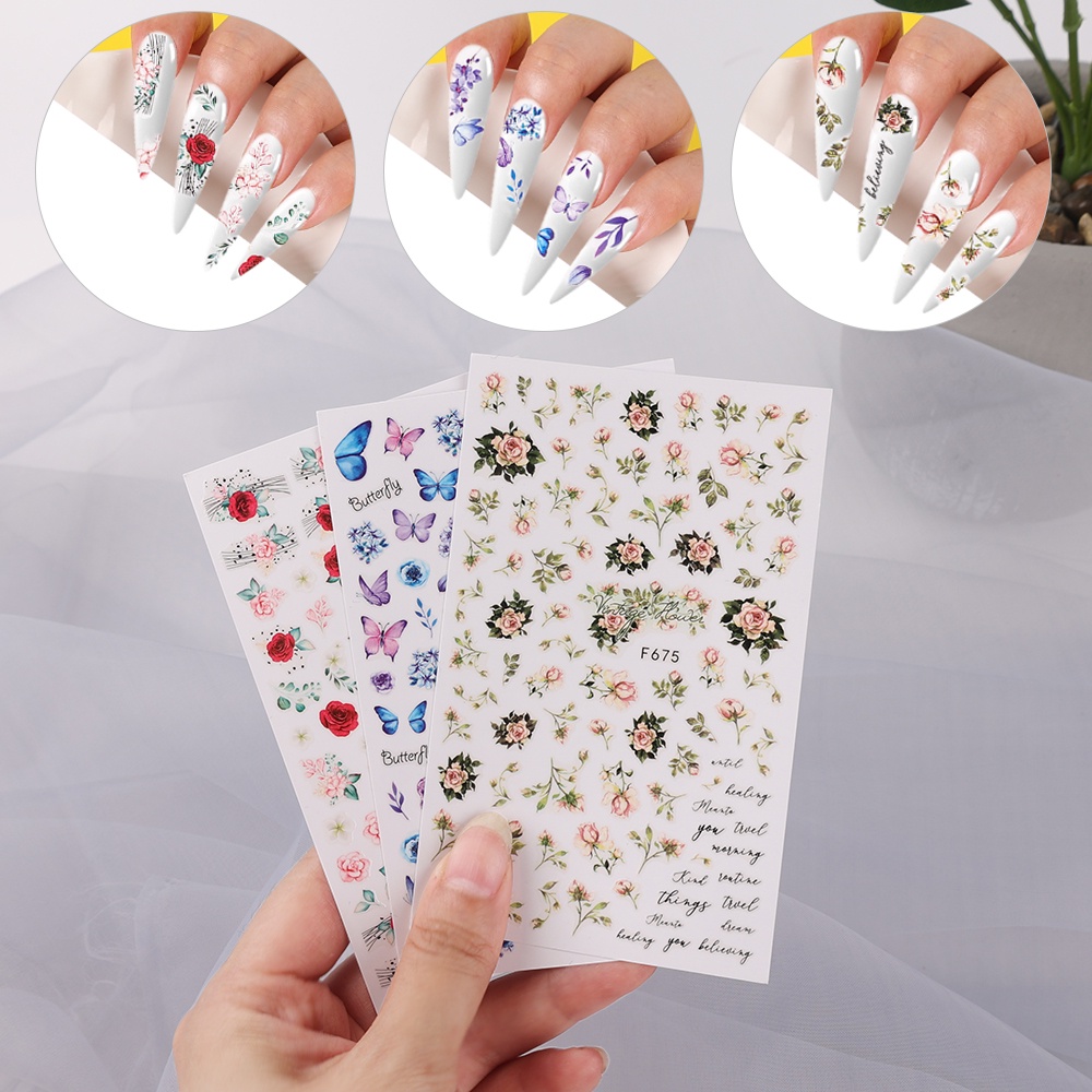 1 Sheet Pack 3D Blue Butterfly And Flowers Pattern Nail Foils / Summer Self-adhesive Paper Nails Stickers / Water Transfer Nail Decal / Manicure Art Decorations / DIY Nail Makeup Tools