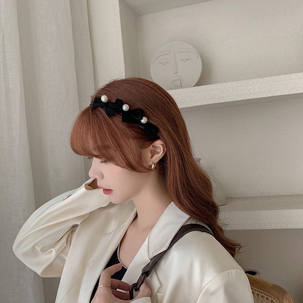 bando mutiara pita hitam black bow pearl headband jba064(1A2)