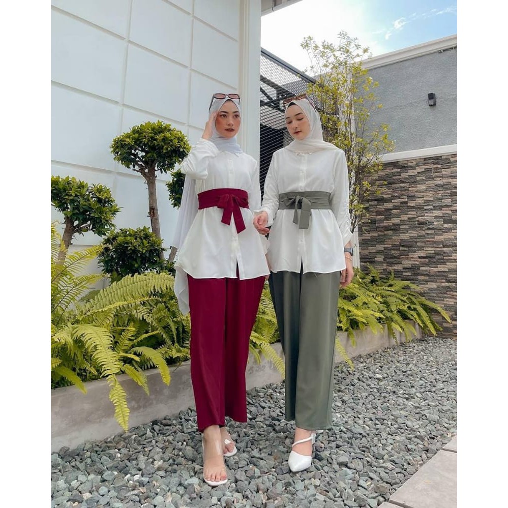 Nadhiva Set Stelan Wanita Muslimah Baju Atasan Putih Lengan Panjang Zipper Depan Busui Celana Kulot Setelan Cewe Kekinian Clana Kasual Blouse Muslim Bluse Remaja Dewasa Blus Murah Modern Terbaru