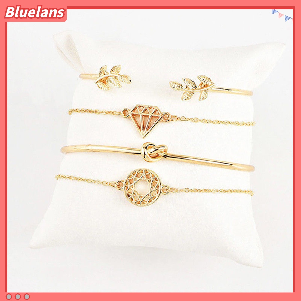 4pcs / Set Gelang Bangle Model Terbuka Bentuk Daun Simpul Hollow Aksen Kristal Gaya Boho Untuk Wanita