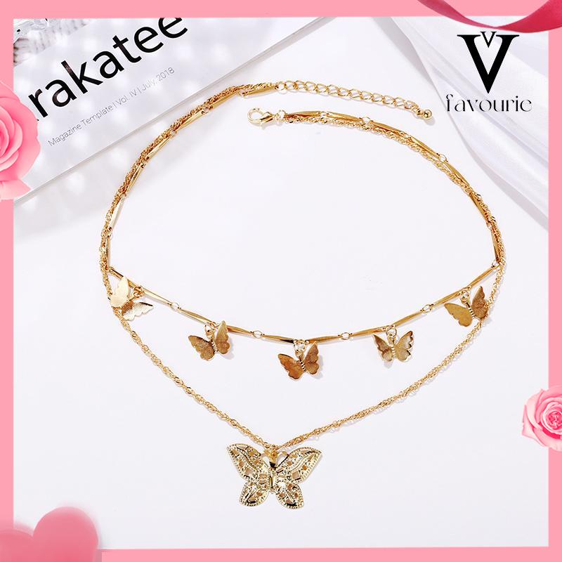 [COD]Liontin Kupu-kupu Kalung Multilayer Kreatif Vintage Alloy Double Layer Necklace-FA