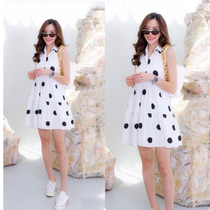 Baju Dress Korea Modet Tebaru Wanita Remaja Kekinian Pesta Natal MD Poldot White [Dress 0117] ULF TA