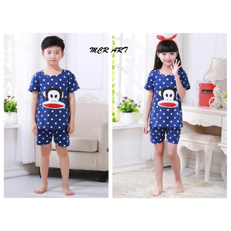 STKD263 - Setelan Anak Pendek Monkey Face Dot Dark Blue