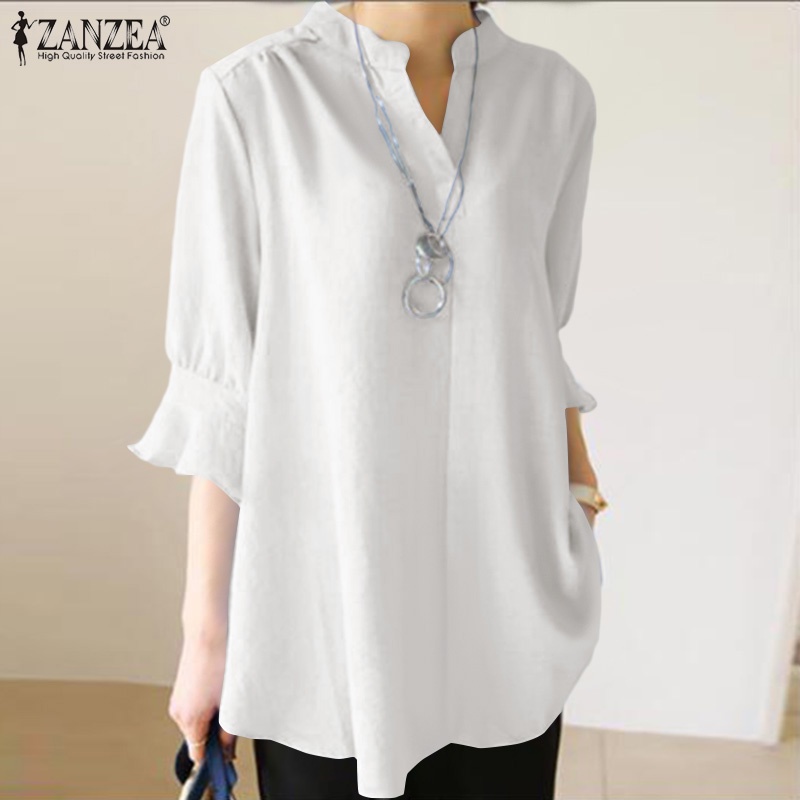 ZANZEA Womens Short Sleeve V Neck Cotton Casual Loose Blouse