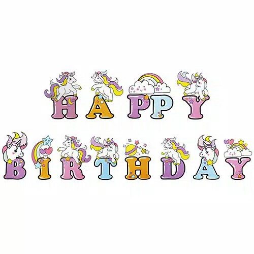 bunting flag karakter unicorn tulisan happy birthday
