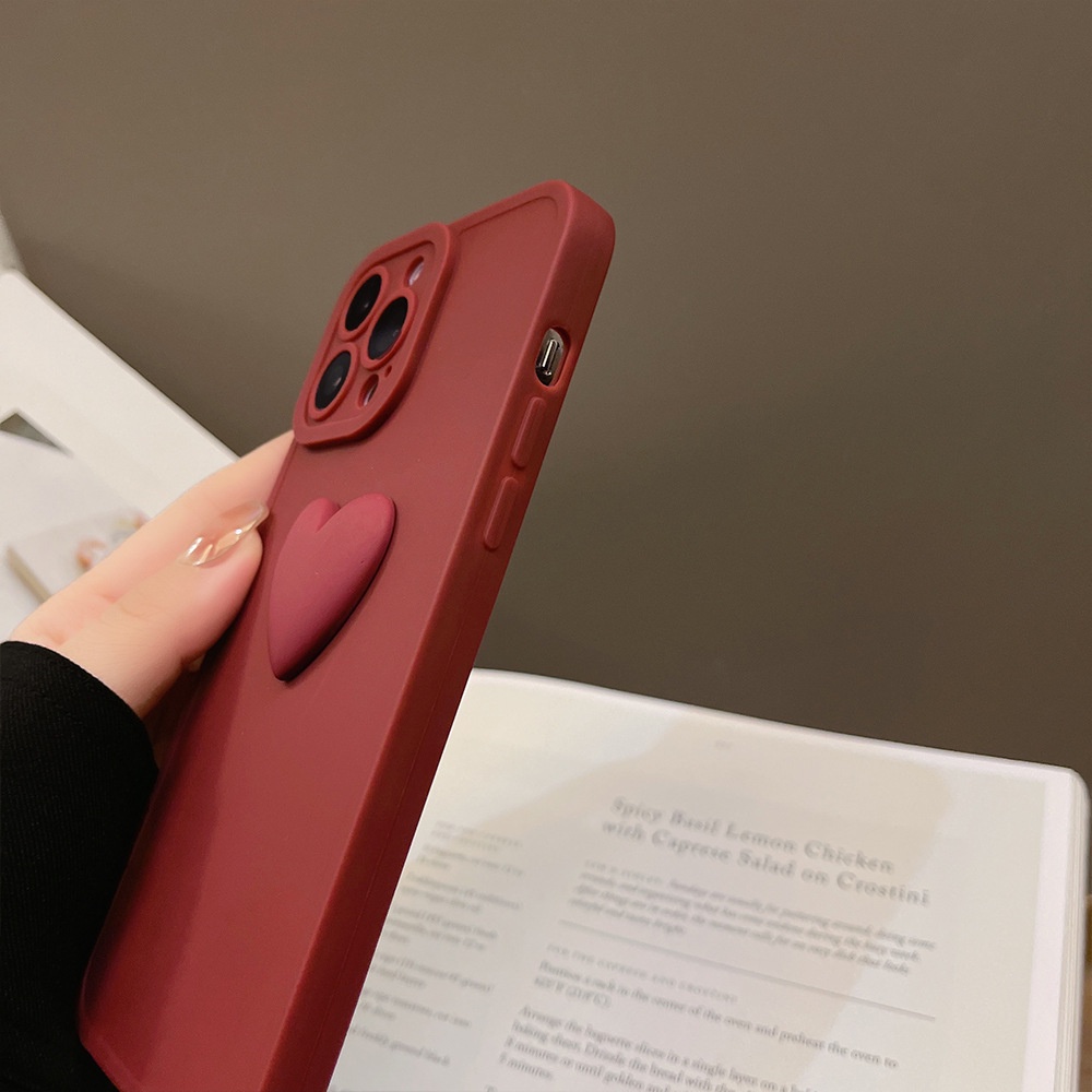 Case Pelindung Penuh Desain Hati 3D Warna Wine Red Polos Untuk Iphone 7 8 PLUS XR XS 11 12 13 MINI PRO MAX SE