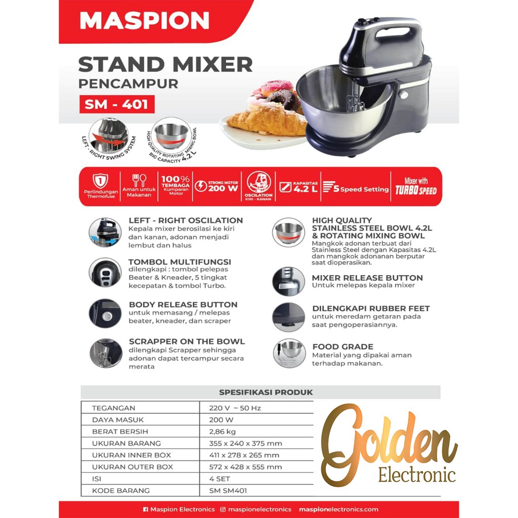 MASPION STAND MIXER SM-401 (4.2 Liter) STAINLESS