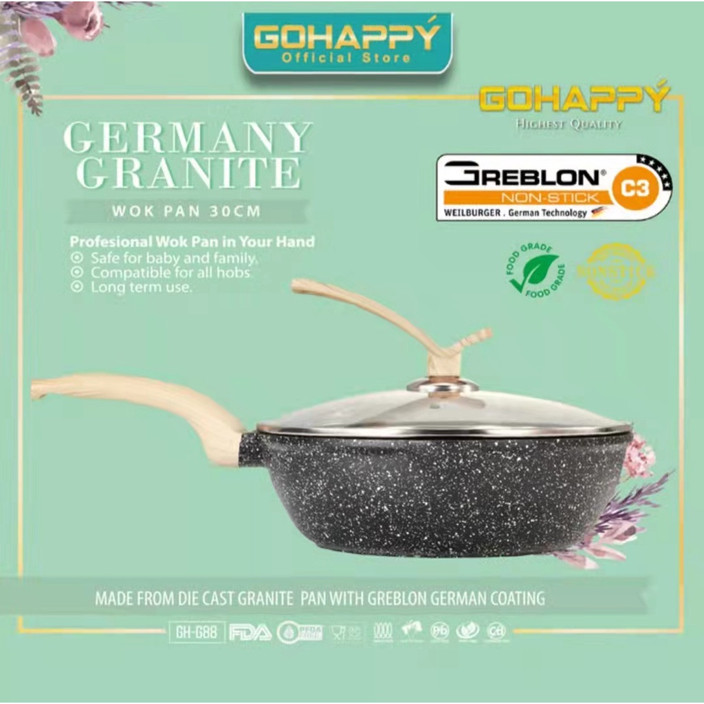 WOK PAN 30CM GERMANY GRANITE GH-G88 Gohappy Panci Greblon C3