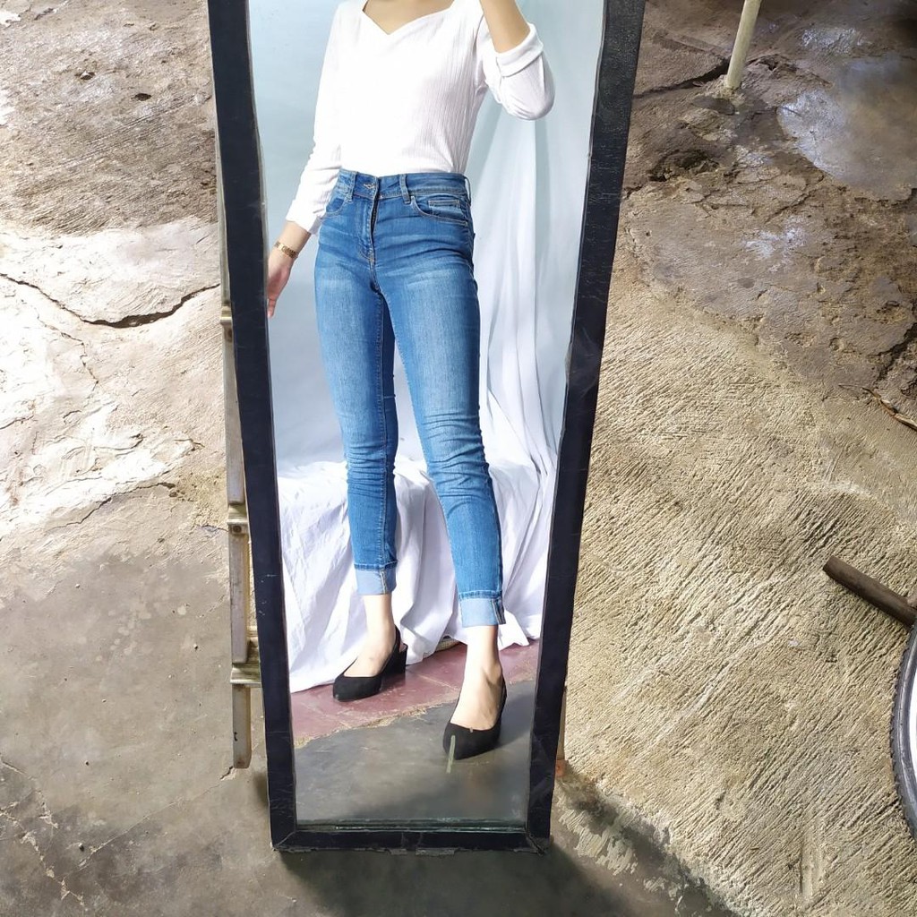 Celana Highwaist HnM H&M Jeans Denim Blue Skinny