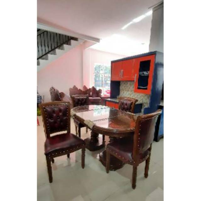 SET Meja makan oval kaca 4 dan 6 kursi Salinah jati jepara grade A