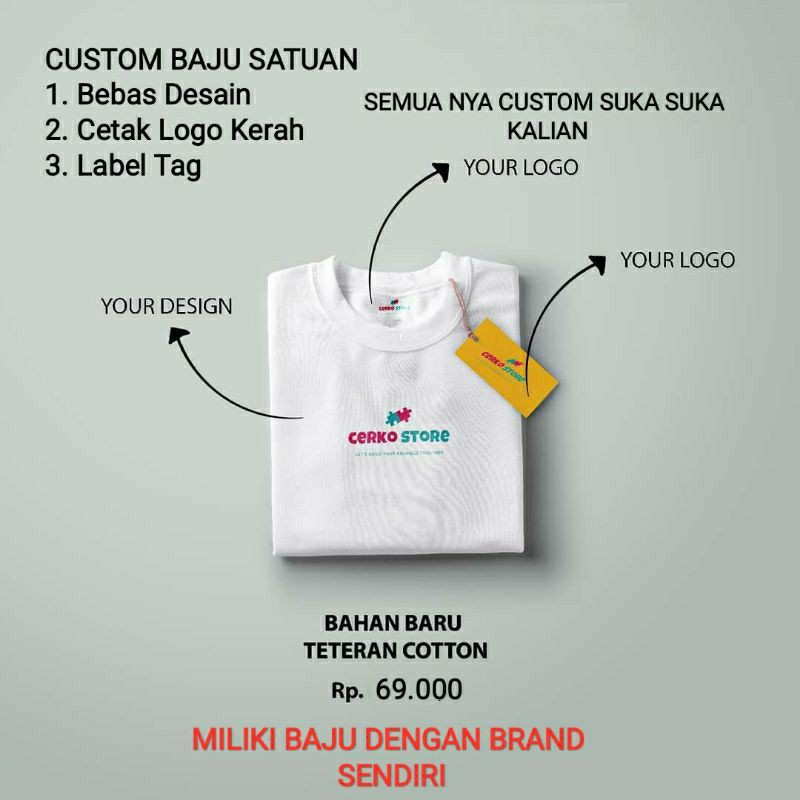 Baju Kaos Custom Satuan Free Label Tag logo kerah Brand Sendiri