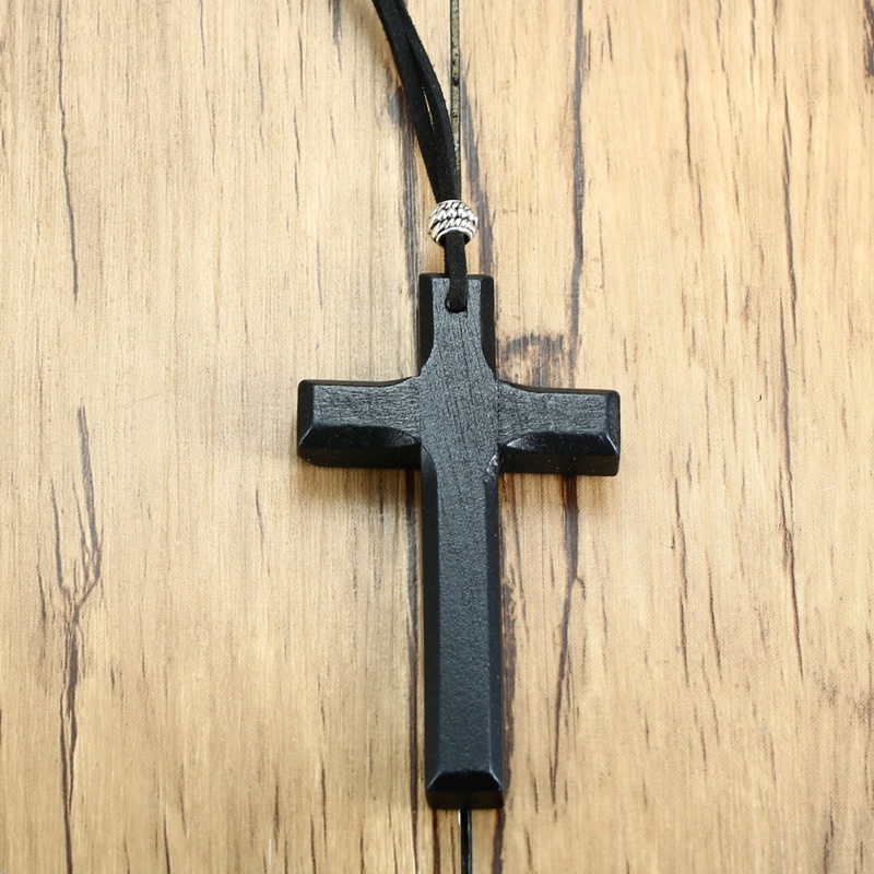 Wooden Cross Necklace On Leather Cord For Men Pendant In Black Brown Tone Jesus Christ Lord Prayer Jewelry