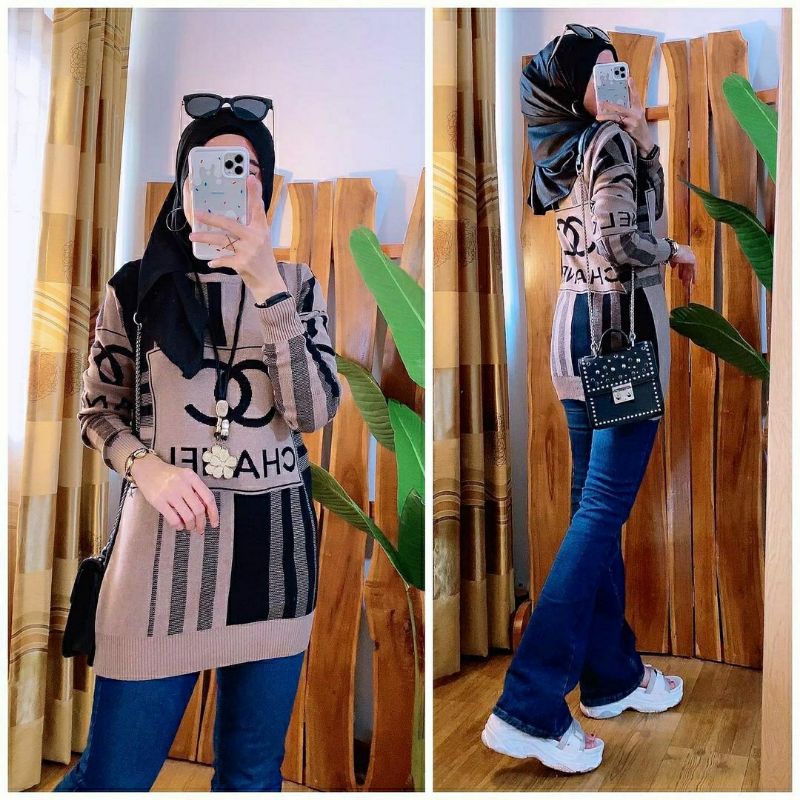 Chanel Rajut, BLOUSE RAJUT WANITA CANTIK FIT XXL LD 100-125 BAHAN RAJUT PREMIUM TERMURAH KEKINIAN OOTD