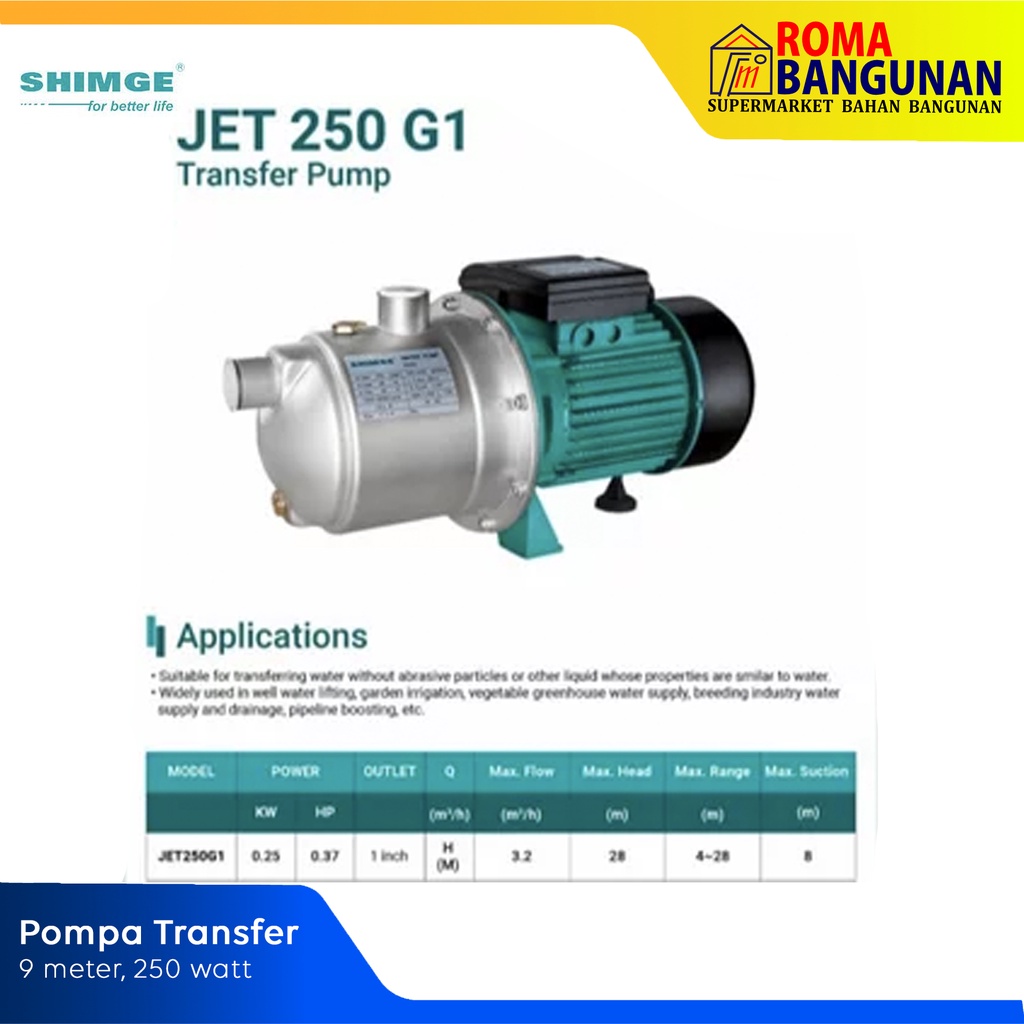 Shimge Mesin Pompa Air Transfer Semi Jet Pump Jet 250G1 / 250 G1