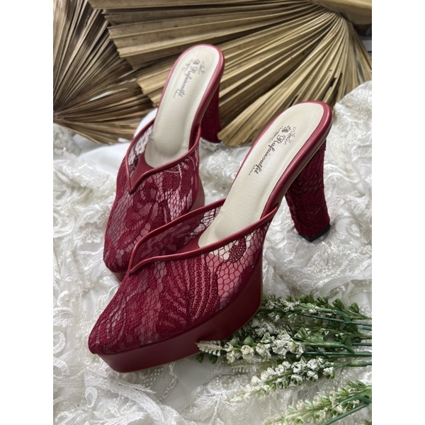 sepatu wedding rafaizoutfit yasmika merahmarron 10cm tahu