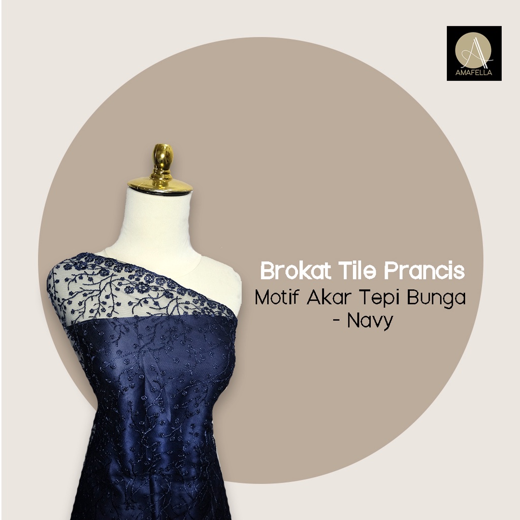 1/2 meter Kain Brokat Tile Prancis Bahan Kebaya Motif Akar Navy Blue