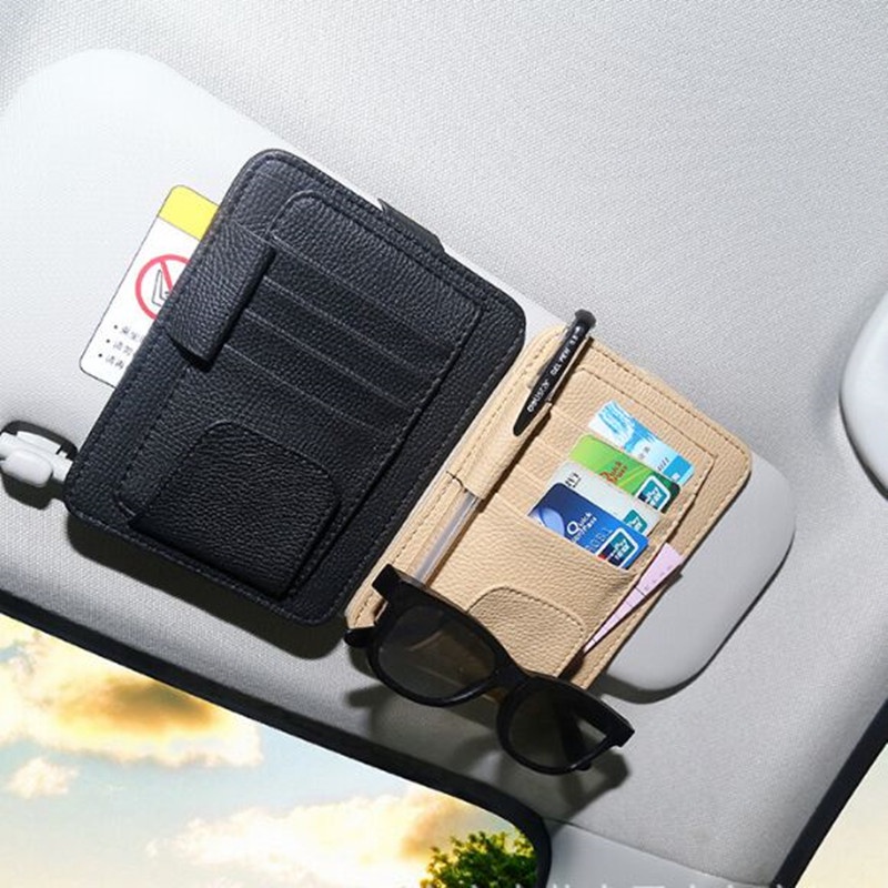 Dompet Kartu Mobil Car Sun Visor Holder - Wadah kartu flazz e money gantung gantungan - Beige Kulit