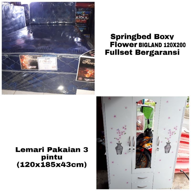 Paket TERMURAH Set Springbed boxy BIGLAND Flower + Lemari 3 pintu