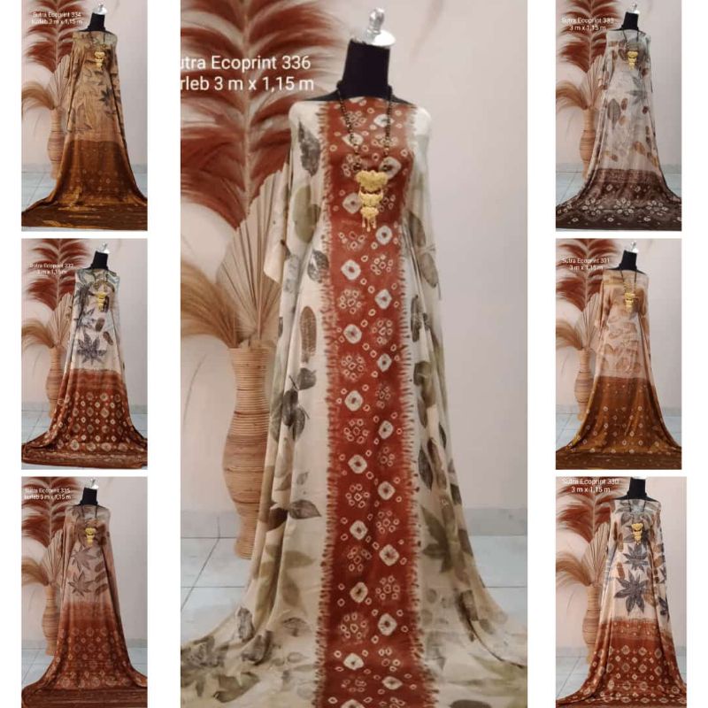 KAIN JUMPUTAN KHAS PALEMBANG SEMI SUTRA ECO PRINT CREAM COKLAT 3 METER BAHAN DASAR BATIK BAJU GAMIS 