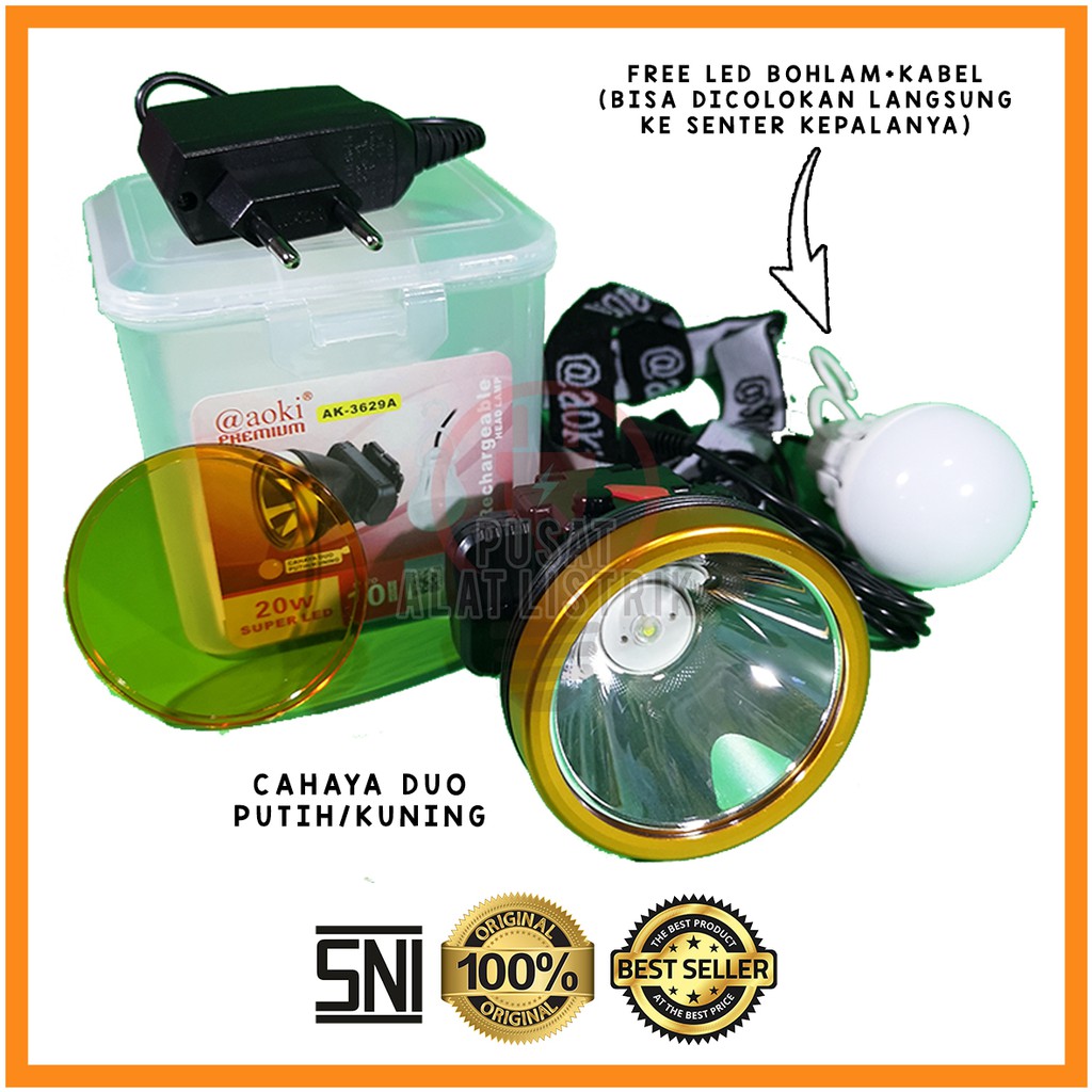 SENTER KEPALA 20W + LED BOHLAM KABEL BISA DI CHARGE AOKI 3629 HEAD LAMP HEADLAMP